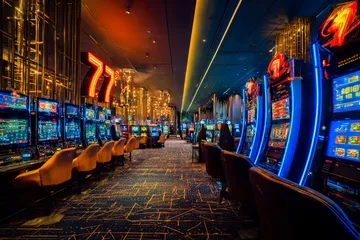 A stylish woman beside vibrant slot machines displaying glowing sevens, showcasing the variety of top slots at 588WIM.